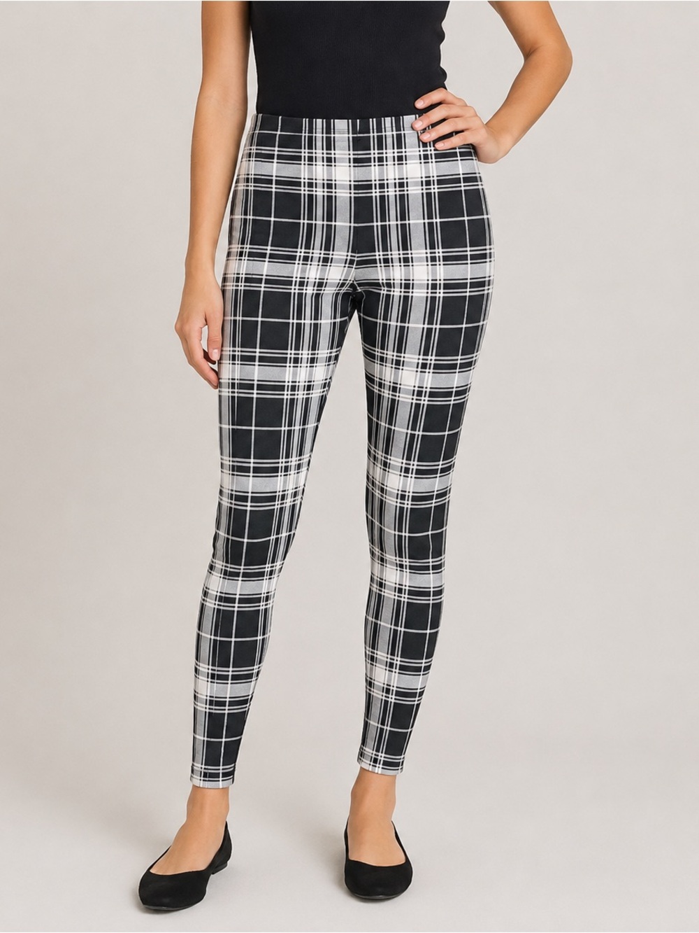 NWT Maison Jules Plaid Crop Skinny Ankle Pants Black White Pull On Medium